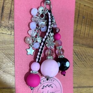 Pink Beaded Charm Keychain with Star & Clover Accents-handmade/EAlovey